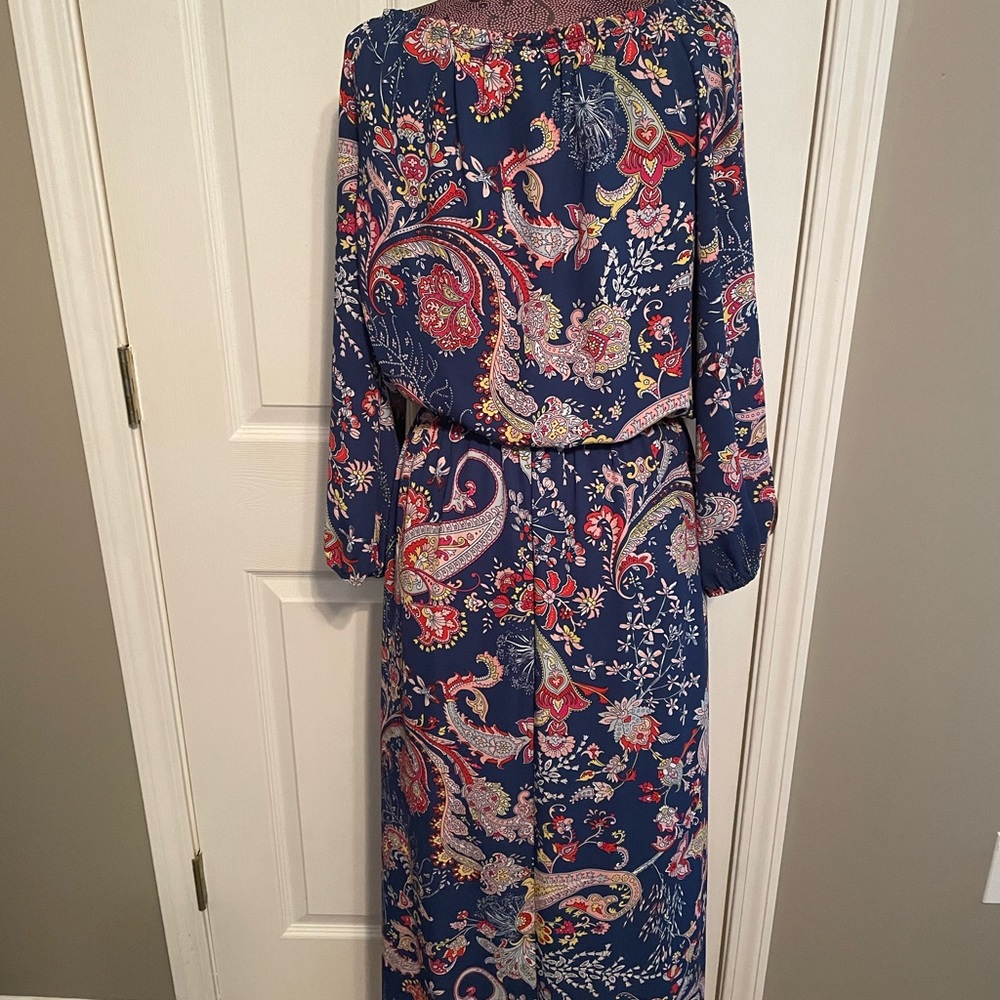 Bisou Bisou Michele Boho Blue Floral Paisley Off Shoulder Maxi Dress Size 8